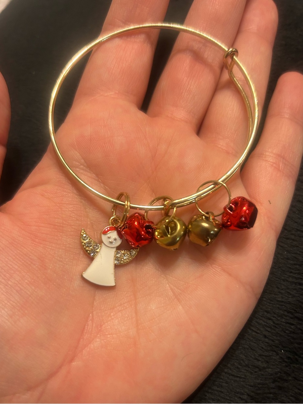 Gold Tone Christmas Angel & Jingle Bell Charm Adjustable Bangle Bracelet